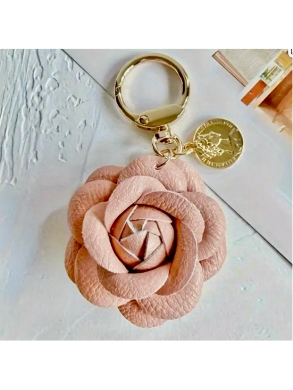 NEW Nude Pink Vegan Leather Camellia Keychain Bag charm